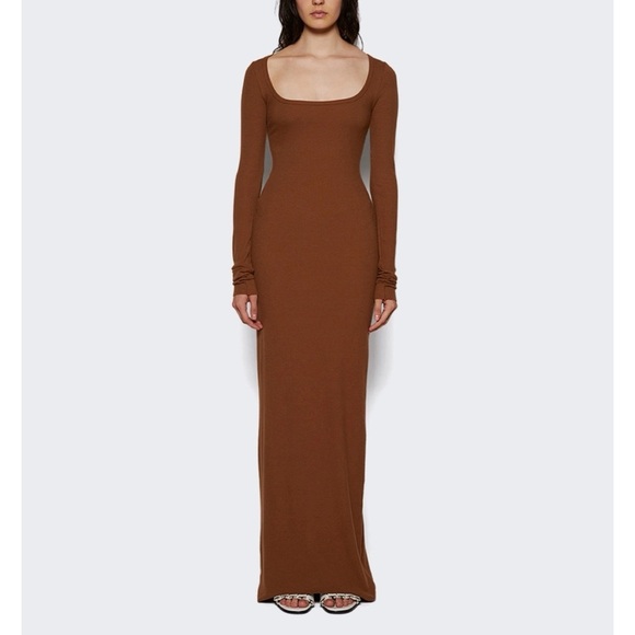 Eterne Dresses & Skirts - Eterne Square-Neck Long Sleeve Butter Rib Maxi Dress Earth Brown Small